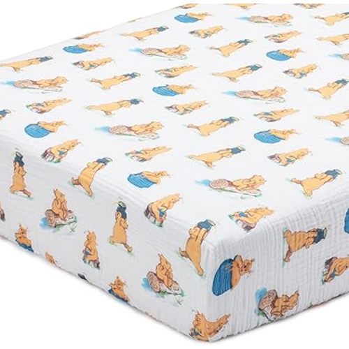 LollyBanks Crib Sheets 1 Pack, 100% Cotton Soft and Breathable Muslin Sheets for Baby Boys and Girls, Toddler Mattress Sheets Fits Standard 52"x28", Baby Registry Essentials (Cute Bear Honey Jar)