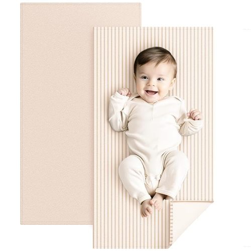 Konssy Faux Leather Baby Changing Mat, Waterproof, Wipeable & Portable Diaper Changing Pad for Travel or Home, Fits Perfectly in Diaper Bag, 30 x 17 inches (Beige,Stripes)
