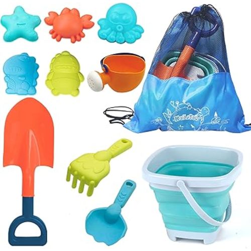 Beach Toys Set for Kids -Collapsible Sand Bucket&Mesh Beach Bag and Shovels Sand Rake Toy 11Pcs Set, Animal & Dinosaur Molds,Fork,Rake&Watering Can for Toddlers Ages 3+