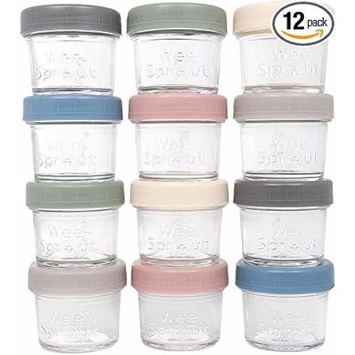 WeeSprout Glass Baby Food Storage Jars w/Lids (4 oz, 12 Pack Set) Snack, Puree, Reusable Small Containers, Breast Milk, Fridge or Freezer, Microwave & Dishwasher Safe, Essential Must Have for Infants