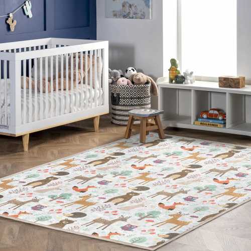 Woodland Animal Nursery Rug – Fox, Bear, Deer - Hedgehog | Soft Kids Carpet for Playroom, Baby Room, Tummy Time - Toddler Gift