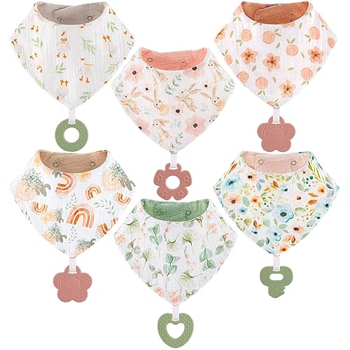 vuminbox Baby Bandana Drool Bibs 6-Pack and Teething Toys 6-Pack Made with 100% Organic Cotton, Absorbent and Soft Unisex
