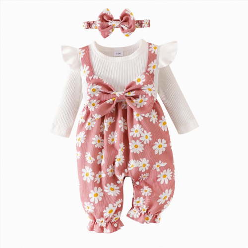 CAICJ98 Baby Girl Clothes Fall Winter Long Sleeve Bubble Romper Floral Bow One Piece Jumpsuit Cute Outfits (Pink,3-6 Months)