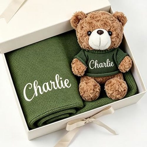Personalized Baby Blanket with Teddy Bear Set for New Baby Gifts