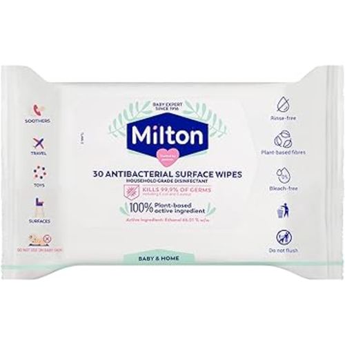 Milton Antibacterial Surface Wipes | Household Grade Disinfectant | Kills 99.9% of Germs | 100% Plant-Based Acitve ingredient | Rinse Free | Safe around Baby | 30pk