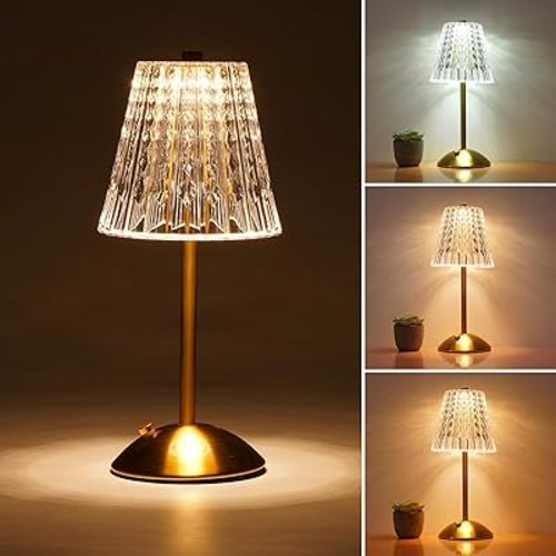 Cordless Touch Table Lamp, 3500mAh LED Rechargeable Small Dask Lamp, 3 Colors Dimmable Battery Operated Crysta Lamp for Bedroom Restaurant Kitchen Home Decor, Gold