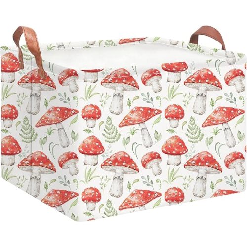 Rectangular Storage Basket Empty,Storage Bin with Handles,Room Decor,Gift Basket,Book Box(Watercolor Mushroom)