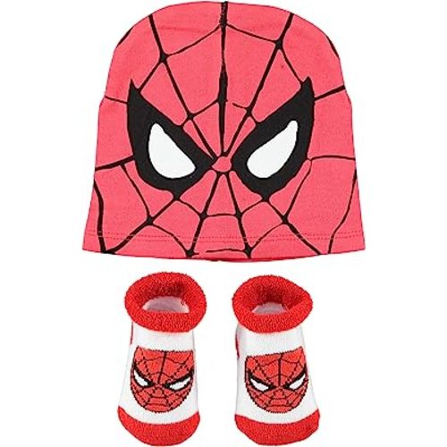 Spiderman Baby Hat and Bootie Sock Set- Marvel Superhero Avengers Baby Boy Clothes, Spiderman Cap and Booties Gift Set (Red/Black/White, 0-12 Months)