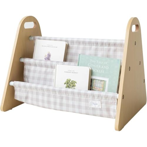 3 Sprouts Double Sided Baby Bookshelf, Portable, Gingham Beige