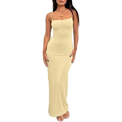 LILLUSORY Womens Summer Casual Slip Dresses Spaghetti Strap Double Lined Bodycon Maxi Dress