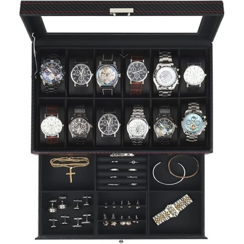 Kukikan Watch Box Jewelry Organizer, 12-Slot 2-Layer Watch Case Storage with Large Glass Lid, Watch Storage Case with Lock, Watch Holder Display Case, Fathers Day Gift for Dad
