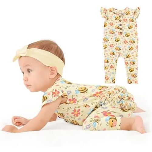 Baby Newborn Ruffled Cap Sleeve Button Snap One-Piece Baby Clothes fFootless Ultra Soft Rompers 0-36 Months