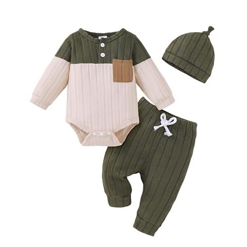 Renotemy Newborn Baby Boy Clothes Winter Outfit Essentials Preemie-12Months | Preemie Clothes Boys,Newborn Clothes Baby Boy Fall Winter Coming Home Outfit,Ribbed Knitted Color Block Long Sleeve Rompers