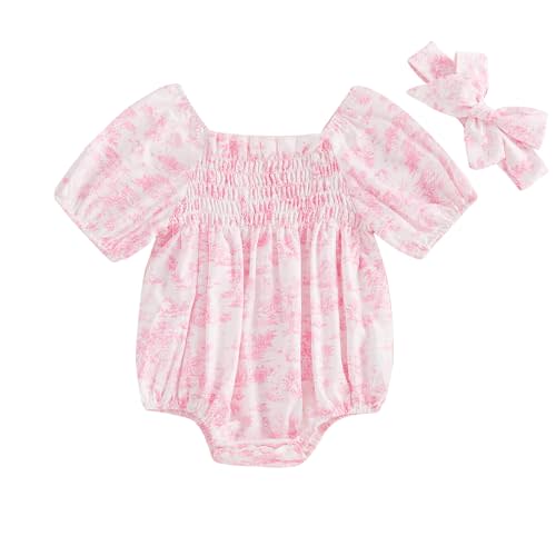 Infant Baby Girls Romper Floral Ruffle Sleeve Pleated Smocked Bubble One Piece Ruched Jumpsuit Summer Bodysuit