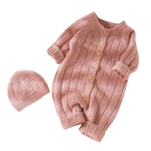 Dealovy Infant Baby Clothes Toddler Fall Knitted Solid Color Onesie Unisex Button up Long Sleeve Romper with Hat Kids 2PCS Comfy Outfit