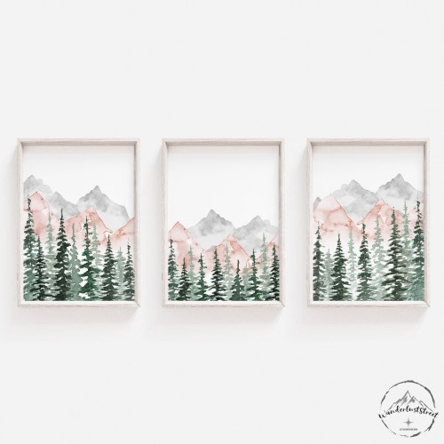 Pink And Grey Nursery Wall Art, Girls Bedroom Decor, Gray Nursery Prints, DIGITAL DOWNLOAD, Woodland Nursery Theme Decor, Mountain Nursery