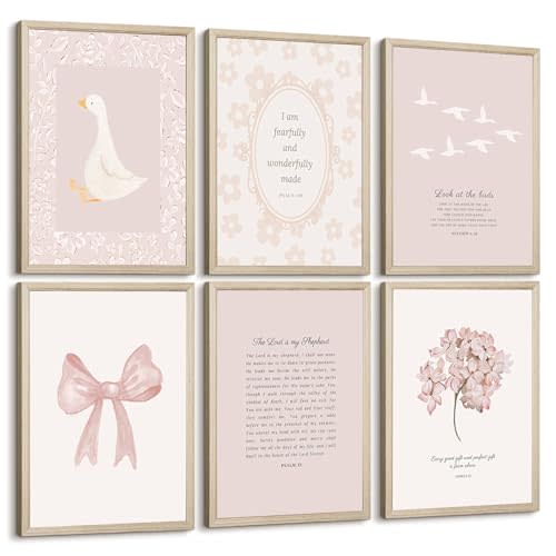 Nursery Christian Wall Art Bible Verse Prints Pink Girl Nursery Room Canvas Wall Decor Coquette Bow Poster Jesus Boho Scripture Pictures Vintage Floral Artwork for Bedroom 8x10x6 Inch Framed
