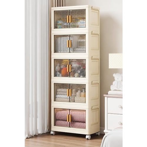 Stackable Plastic Storage Bins with Lids 5 Tier, Collapsible Closet Organizers and Storage with Wheels for Living Room, Kitchen, Bathroom, Office & Dorm, 18.9" W x 10.6" D x 46.9" H