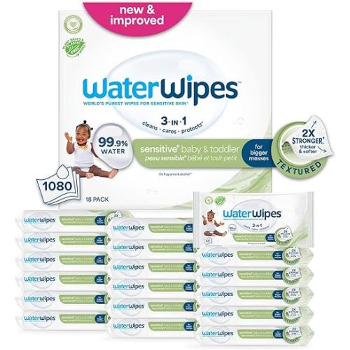 WaterWipes Plastic-Free Textured Clean, toddler & baby Wipes, 99.9% Water Based Wipes, Unscented & Hypoallergenic for Sensitive Skin, 1080 Count (18 packs)