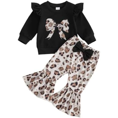 fhutpw Toddler Baby Girl Clothes Leopard Bow Sweatshirt Bell Bottom Pants
