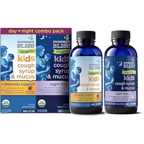Mommy's Bliss Organic Cough Syrup & Mucus for Kids, Day and Night Combo Pack with Vitamin C and Immunity Support, Contains Organic Honey and Ivy Leaf, 4 Fl Oz (Pack of 2)