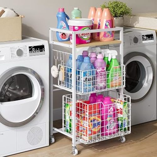 Hongtamoya 3 Tier Laundry Room Cart with Pull-Out Baskets, Storage Cart with Wheels, Rolling Cart with Wood Top Metal Bathroom Laundry Room Organization Mobile Shelf Unit Organizer Trolley, White