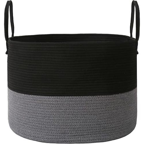 65L Extra Large Blanket Basket for Living Room - Woven Cotton Rope Laundry Hamper with Reinforced Handles - Storage Bin for Pillows, Comforters & Toys - Machine Washable,Black&Grey