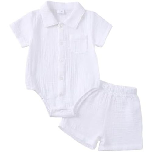 Jecson Newborn Boy Clothes Baby Boy Outfits Summer Cotton 2 Piece Set with Button Down Bodysuit and Shorts 0-18M