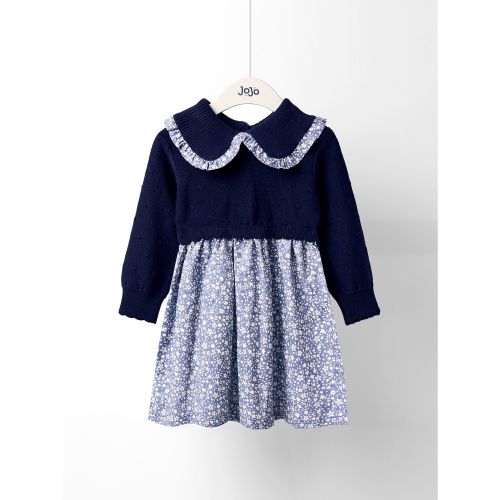 JoJo Maman Bébé Navy Blue Floral Knitted Combo dress