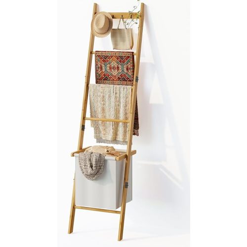 BAMBANG Blanket Ladder with Basket, 5- Tier Blanket Quilt Holder Ladder Towel Rack with 4 Hooks for Living Room, Wall Leaning Decorative Ladder Shelf with Storage Hamper, Bamboo Natural