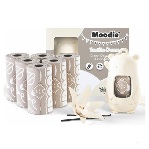 Moodie Disposable Diaper Bags Dispenser COMBO PACK | 105 VANILLA SCENTED Baby Poop Bags TOTAL | Dirty Diaper Trash Bags | Diaper Bags Disposable (VANILLA DREAM)