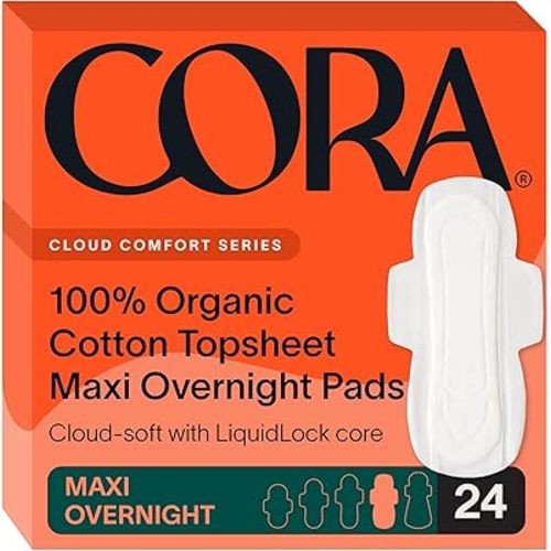 Cora 100% Organic Cotton Topsheet Pads Maxi Overnight Pads (24 Count)