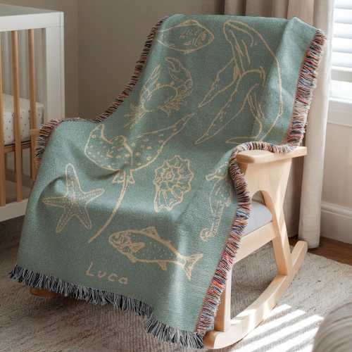 Personalized Ocean Baby Woven Blanket, Custom Name Beach Sea Life Nursery Throw, Vintage Coastal Baby Gift