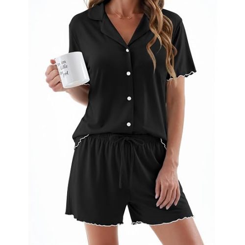 Ekouaer Womens Pajama Sets Button Up Pjs Shorts Set Soft Sleepwear S-XXL