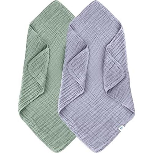 SWEET DOLPHIN Muslin Baby Bath Towels Blanket - 2 Pack 100% Cotton Towel for Babies, Infants, Toddlers - 40x40Inch - Highly Absorbent, Green and Grey