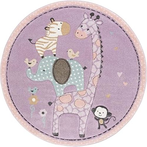 SAFAVIEH Carousel Kids Collection Area Rug - 4' Round, Purple, Animal Design, Easy Care & Non-Shedding, Ideal for High Traffic Areas for Boys & Girls in Playroom, Nursery (CRK120V-4R)