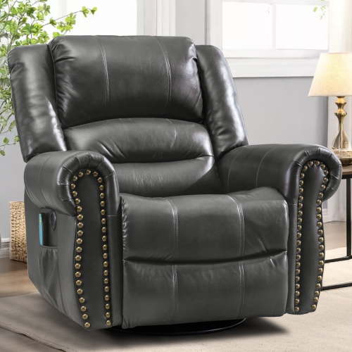 MEETWARM Grey Massage Swivel Rocker Recliner - Manual Glider with Heat, Vibration, Remote Control & USB Ports for Living Room(Grey)
