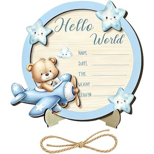 Baby Announcement Sign Wooden Hello World Newborn Signs Double-Layer Blue Birth Announcement Sign Newborn Welcome Sign Baby Name Birth Announcement Plaque for Photo Props Baby Shower Hospital Nursery