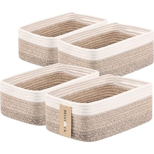 Small Storage Baskets for Organizing | Closet Organizer Bins | Shelf Toy Basket | Woven Rope Baskets | Cube Decorative Box | Shallow Basket | 13x8.5x5.1” | 4 Packs Gradient Brown