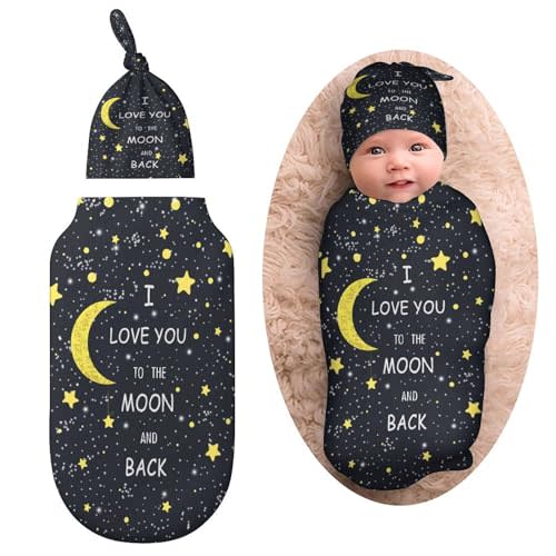 Qiohoey I Love You to The Moon and Back Newborn Baby Swaddle Blanket with Beanie Hat Baby Receiving Blanket Gifts for Boys Girls