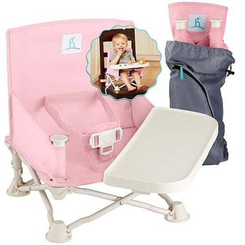 Hiccapop OmniBoost Travel Booster Seat with Tray for Baby | Folding Portable Baby Booster Seat for Dining Table, Camping, Beach, Grandma’s | Tip-Free Design Straps to Kitchen Chairs - Booster Chair