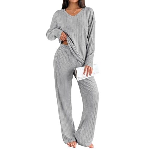 Ekouaer Lounge Sets for Women Long Sleeve Knit Ribbed Pajama Sets 2 Piece Casual Loungewear with Pockets