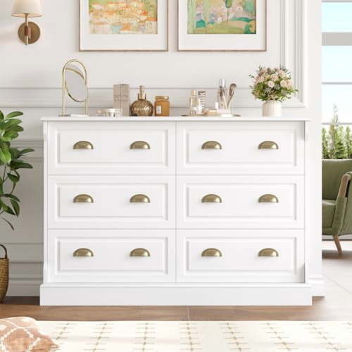 6 Drawer Dresser,White Dresser for Bedroom,Dressers with Drawers, Dressers Chest of Drawer with Gold Handle for Living Room,Closet,Corridor,Bedchamber