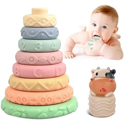 9 PCS Stacking & Nesting Rings Toys for Baby Montessori Sensory Soft Silicone Teething Chew Stacker Bath Building First Blocks Learning Tower Toys for Toddlers Infants 6 to 12 Months
