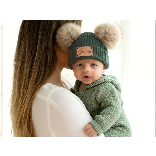 Personalized Baby/Infant Pom Beanie with Name,Adult Kids Hat with Name Patch, Parent Child Knit Hat,Unisex Baby Hats, Adults Beanies Hat