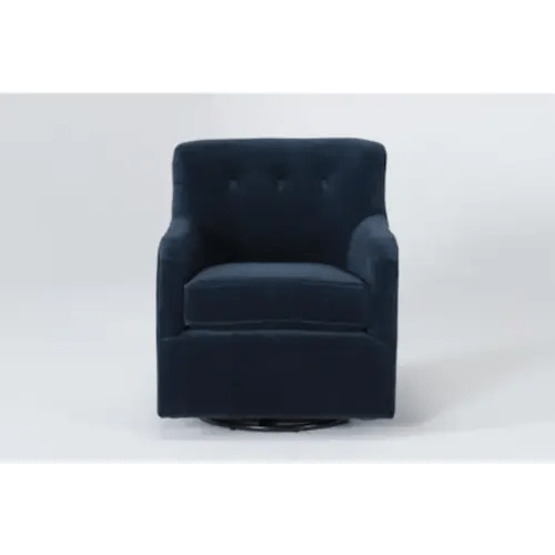Katrina Velvet Navy Blue Fabric Swivel Glider Arm Chair | Tufted | Club | Lounge | Tight Back