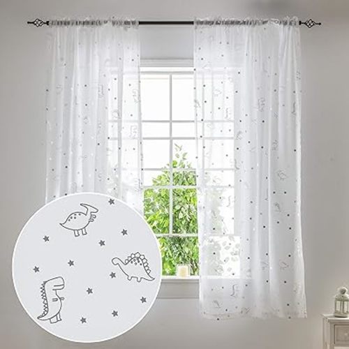 Cute Dinosaur White Sheer Curtains for Girls Boys Bedroom Decor Drapes Rod Pocket Silver Foil Print Comics Dinosaur and Star Semi Voile Curtains for Kids Nursery Room 72 Inch Length 2 Panels, 52x72