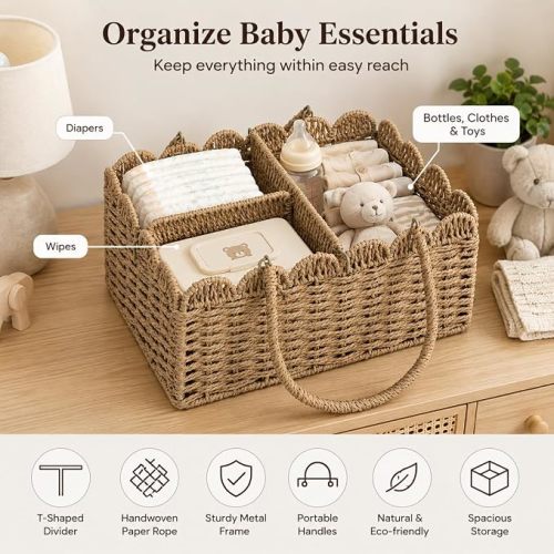 Large Wicker Diaper Caddy Organizer, Scalloped Nursery Basket for Changing Table, Woven Rope Baby Holder with Removable Divider, Portable Organizer for Diapers Wipes Clothes Toys & Essentials (Brown)