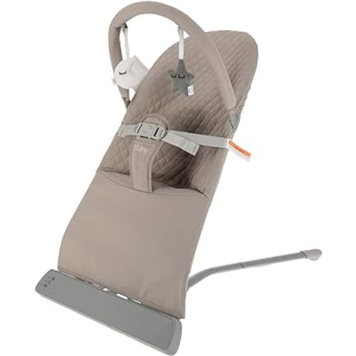 Nuby Baby Bouncer Seat - Portable Infant Bouncer with Music, Fun Sounds, and Soothing Vibrations - 0-6 Months - Beige
