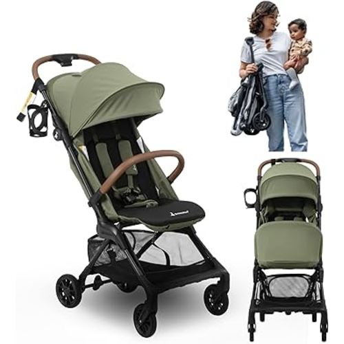 BabbleRoo Hoplite Compact Stroller – Lightweight Travel Stroller for Airplane (12.3 lbs), Newborn to 55 lbs, Easy Fold, PU Wheels, Alloy Frame, Near-Flat Recline, Raincover, Cup Holder, Baby Stroller